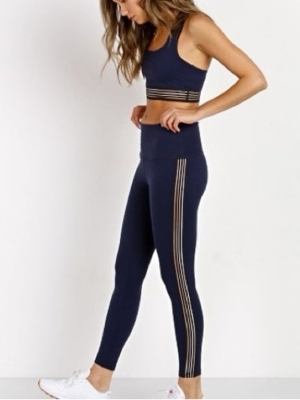 Beyond Yoga Navy Blue High-Waist Leggings with Side Mesh Stripes